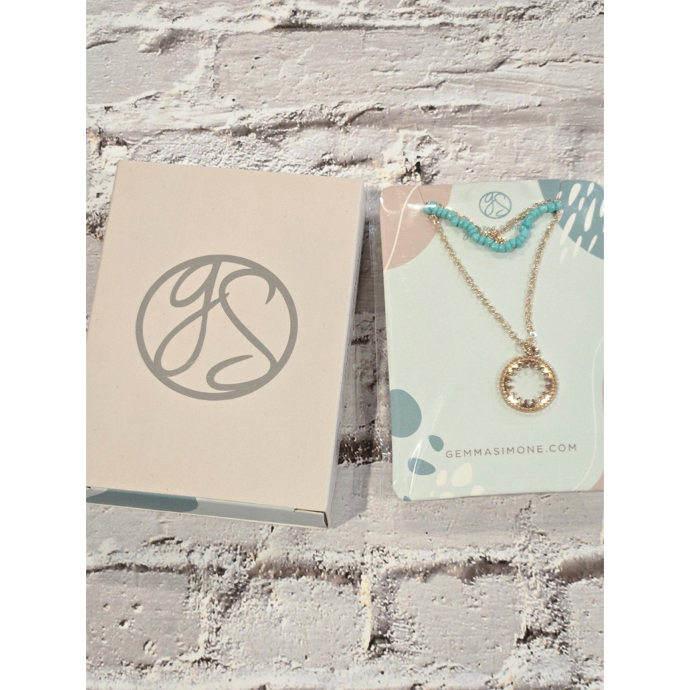 Gemma Simone Turquoise Color Necklace, NIB, Gold Tone Chain, Layered, Sun Charm